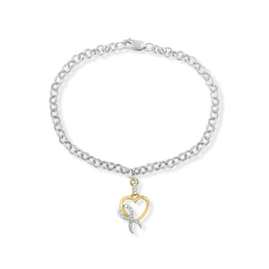 10K Yellow Gold 1/10 Cttw Diamond Awareness Ribbon & Heart Charm on 7" .925